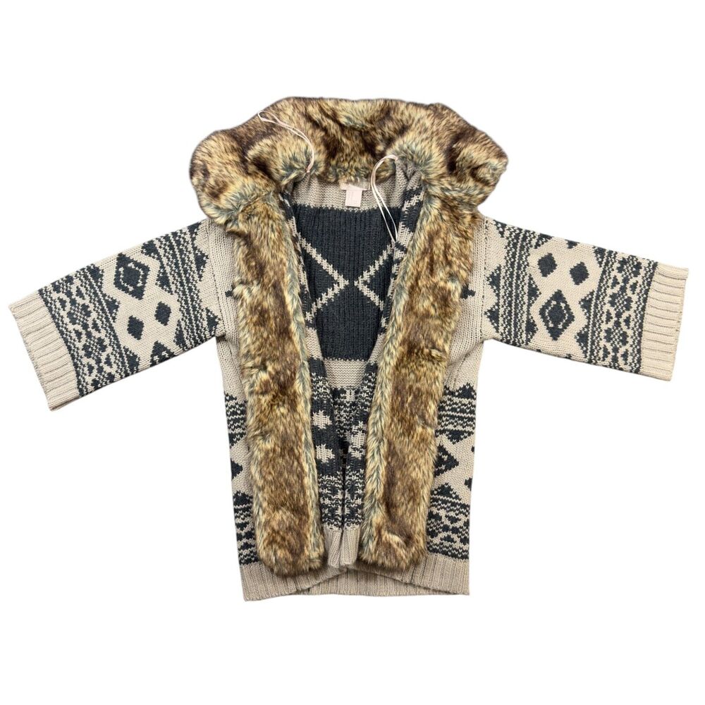 Forever 21 Trimmed Cardigan Women Medium Gray Blue Shawl Collar Faux Fur Sweater